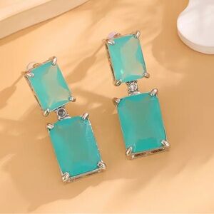 💋Teal  Oversized Rectangle Stone Drop Earrings
